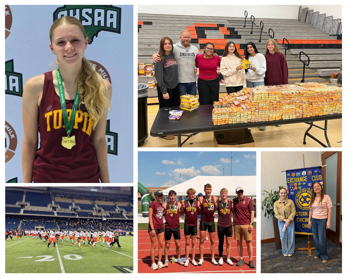 collage of five photos that includes track & field student-athletes wearing state championship medals, the anderson football team running onto the field, students smiling next to donated food during f